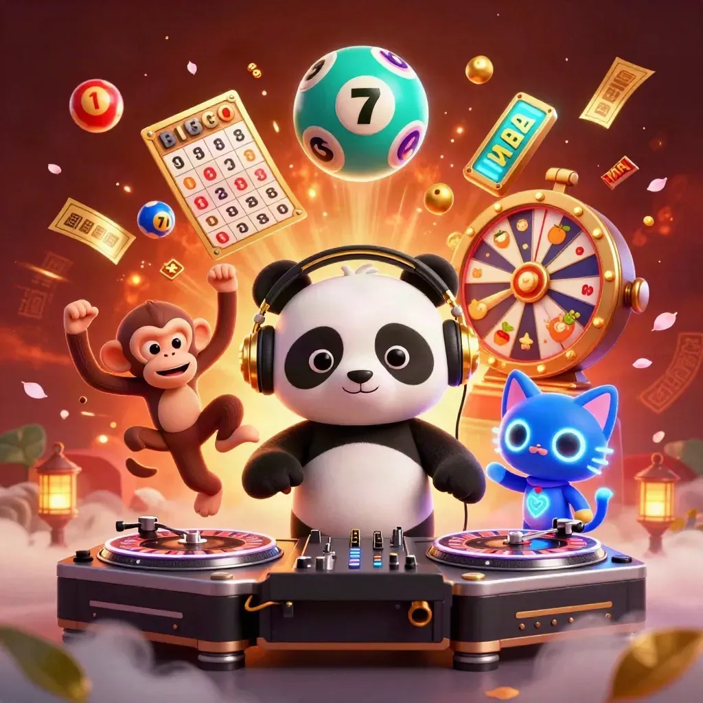 DJ panda, breakdancing monkey and rave kitten amid casino bursts on a fiery neon tile.