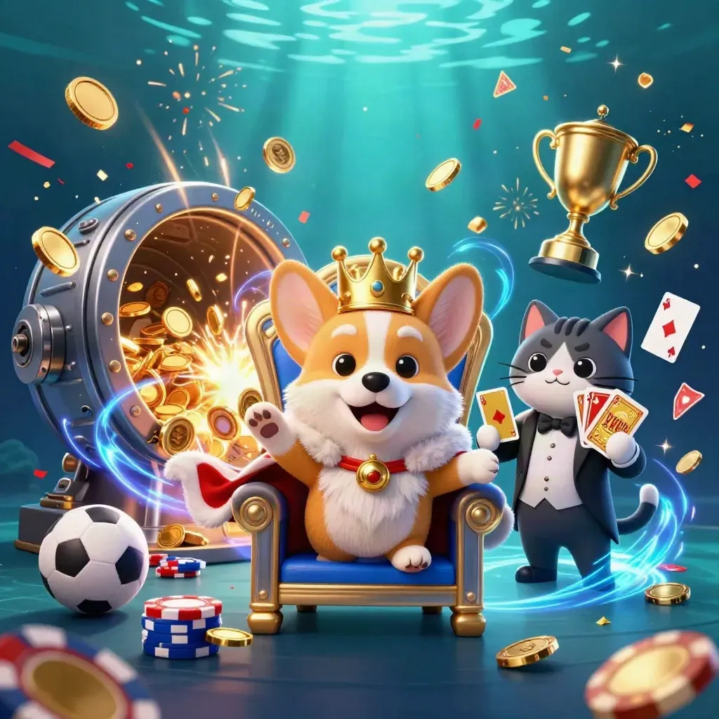 Royal corgi and cat butler amid coins, cards, fireworks, sports balls and a bursting vault.
