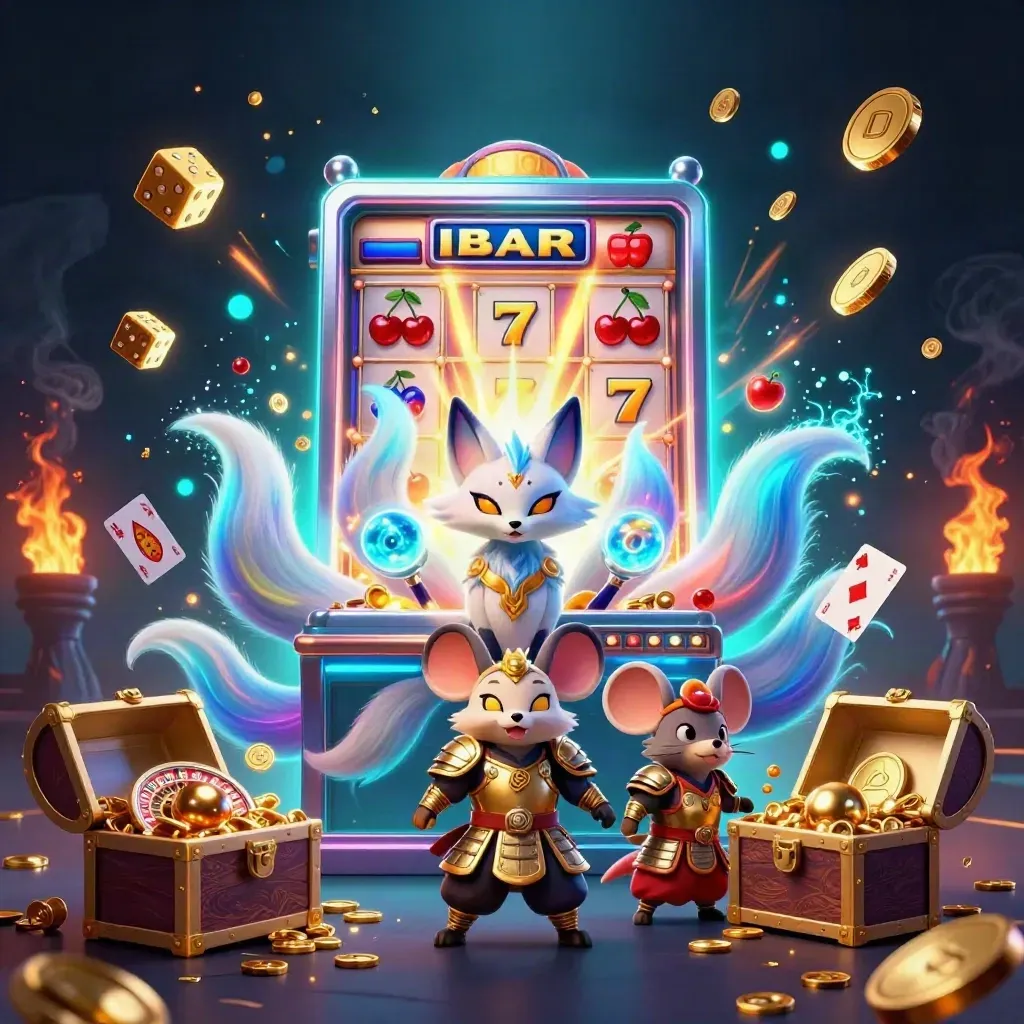 Fox spirit and armored mouse amid exploding slots, coins, fireworks, and treasure.