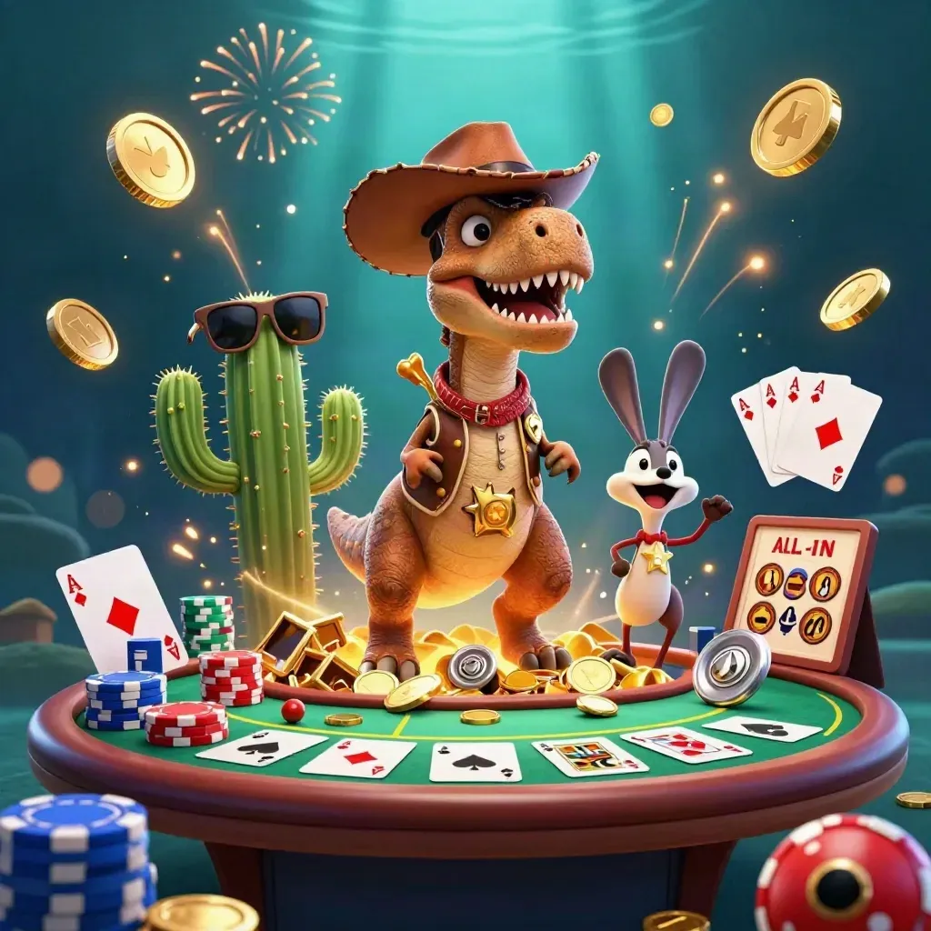 Cowboy T-Rex, cactus and roadrunner amid casino chips, coins and treasure in a teal-blue burst