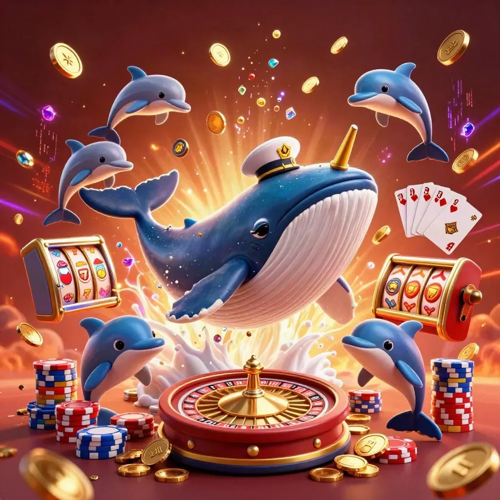 Whale captain, narwhal and dolphins burst through coins with casino chips and glowing effects