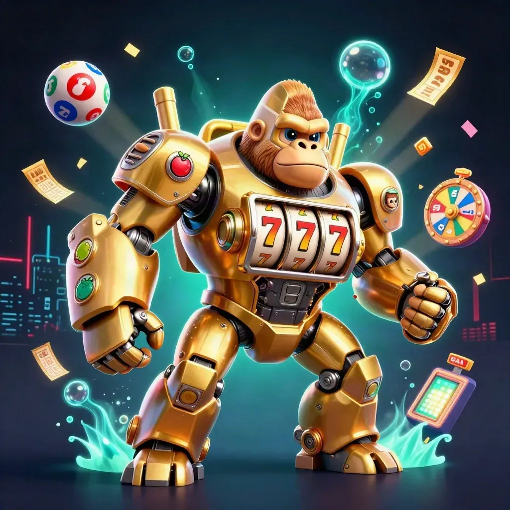 Golden gorilla slot mech with monkey pilot, reels, lottery balls and prize wheel on a dark neon glow.