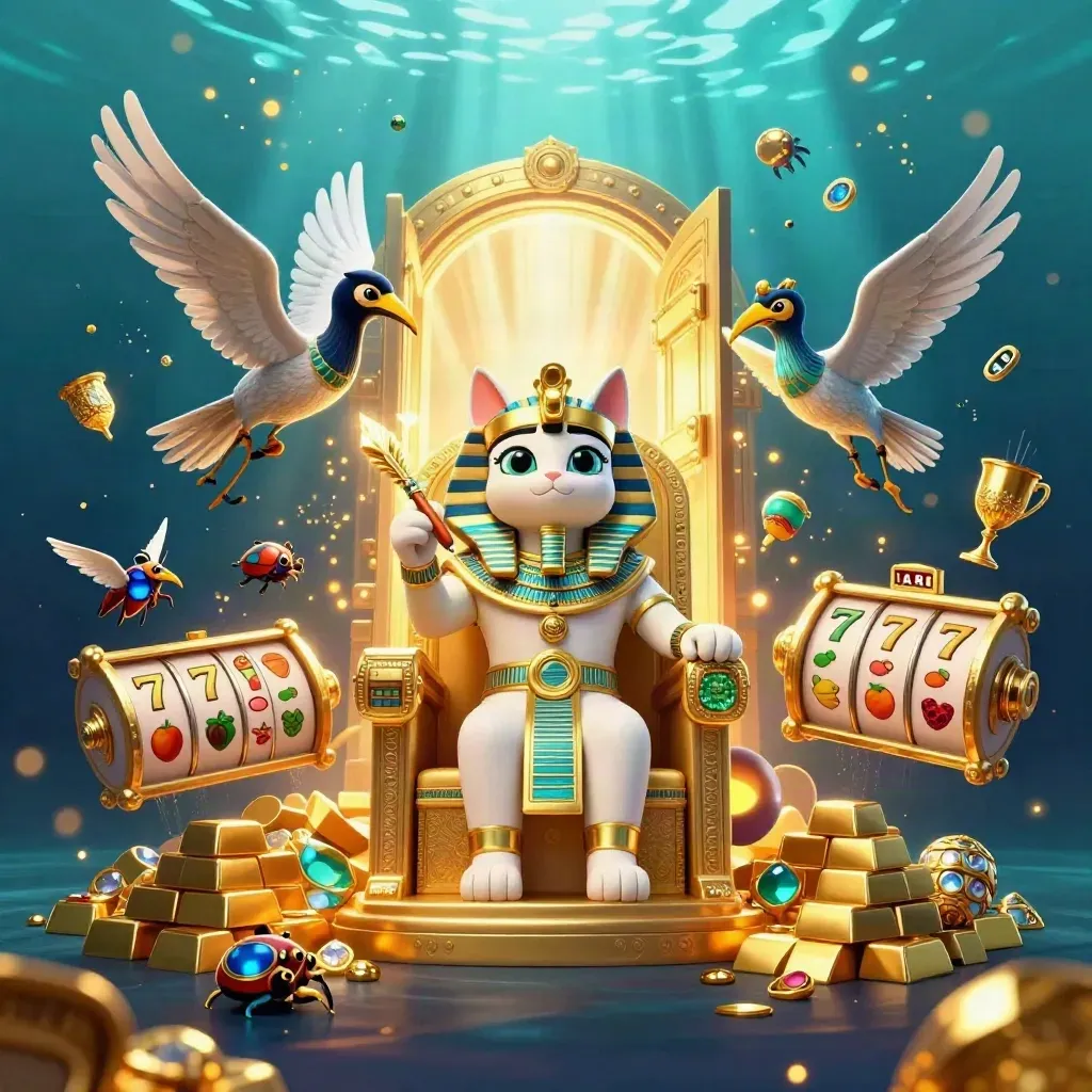 Pharaoh cat, ibis scribe, and gem-winged scarabs with vault, gold, and glowing slot reels.