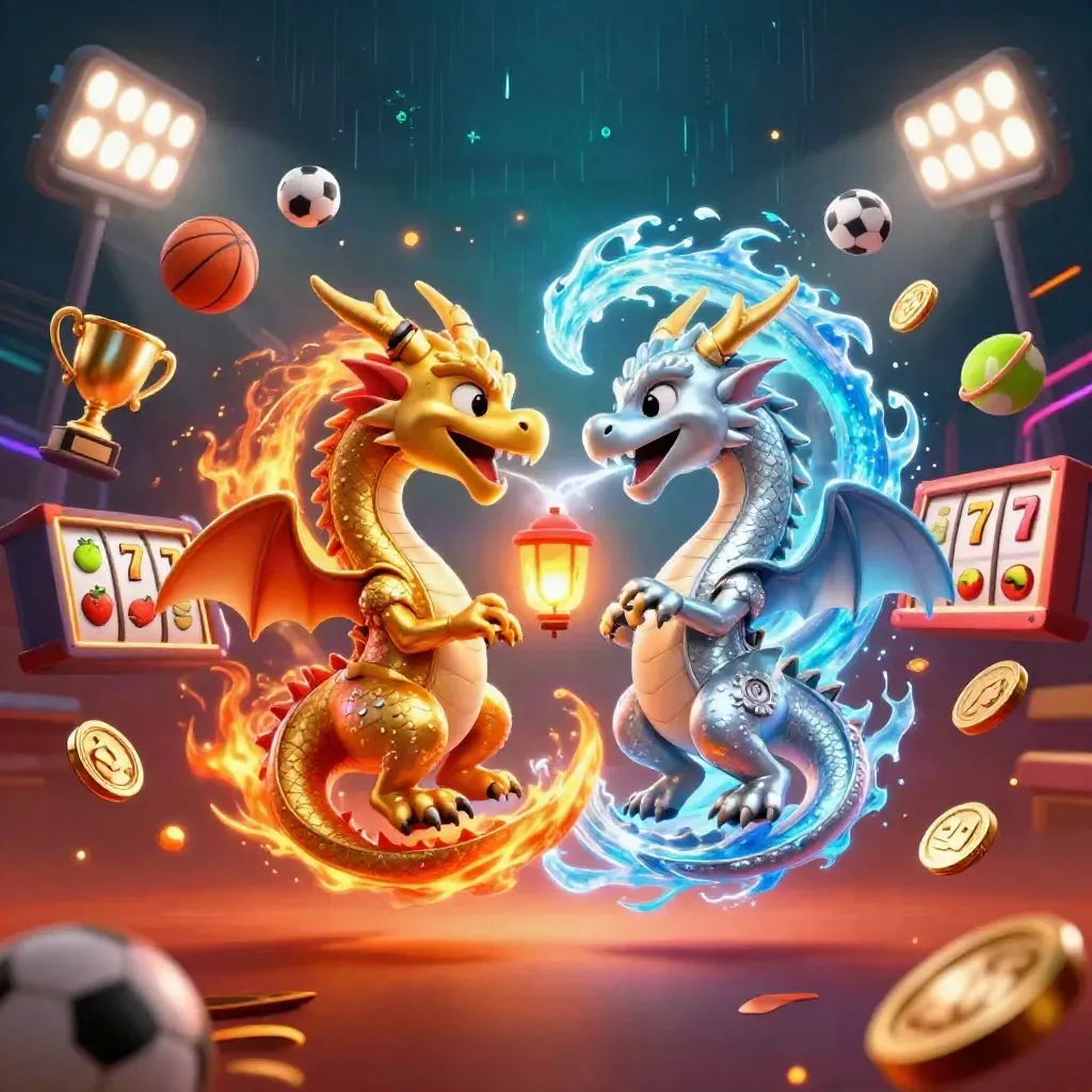 Twin gold and silver dragons swirl around a lantern spirit amid casino lights and flying slots.