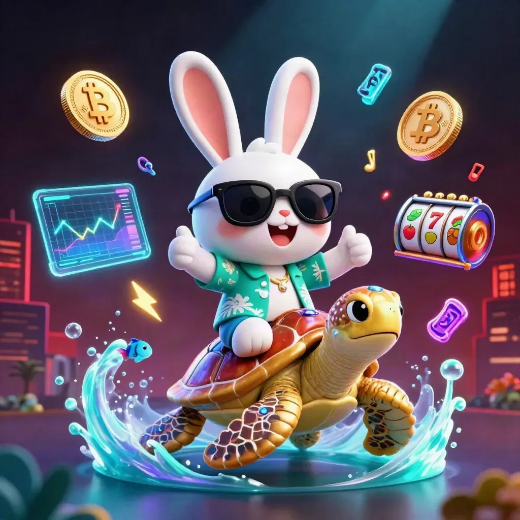 Lucky rabbit rides a gold sea turtle amid neon coins and slot symbols in a dark casino sky.