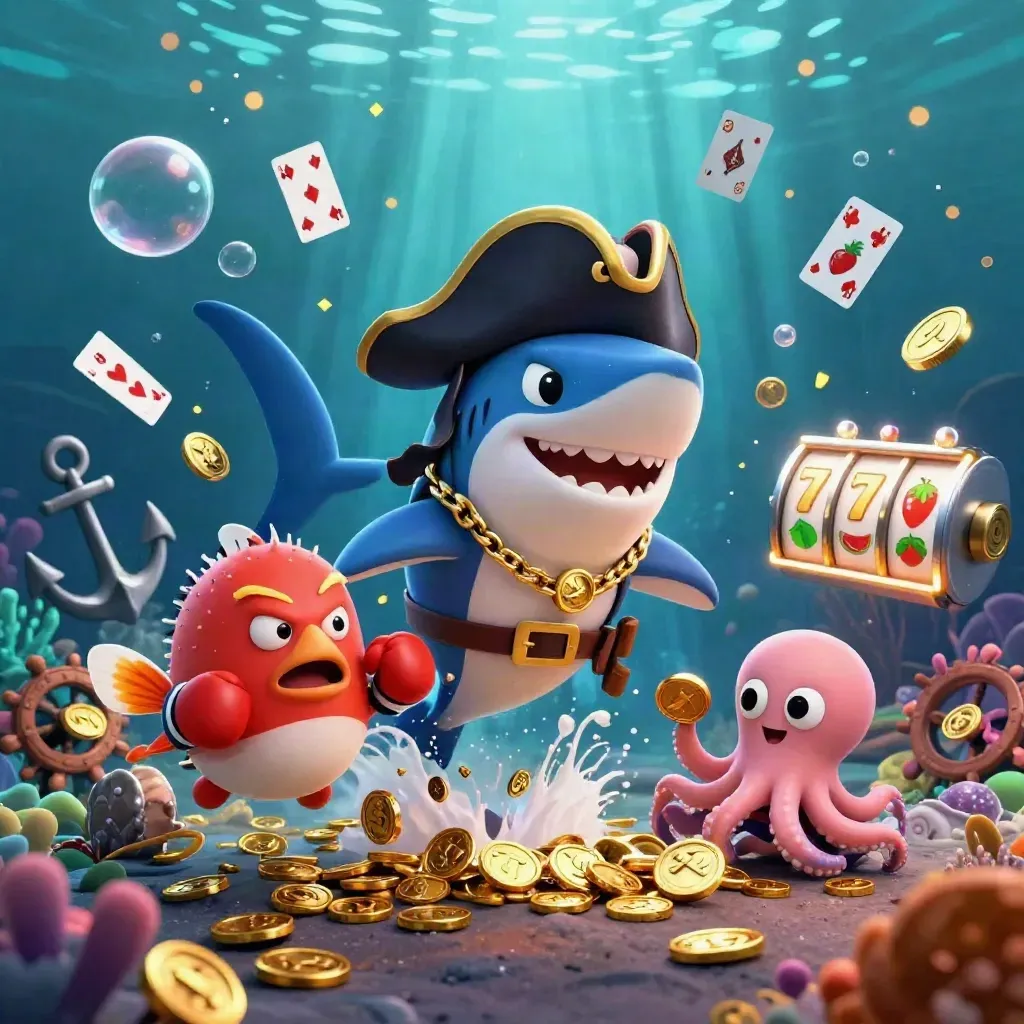 Pirate shark, boxing pufferfish, and juggling octopus amid treasure and reels in teal-blue glow.