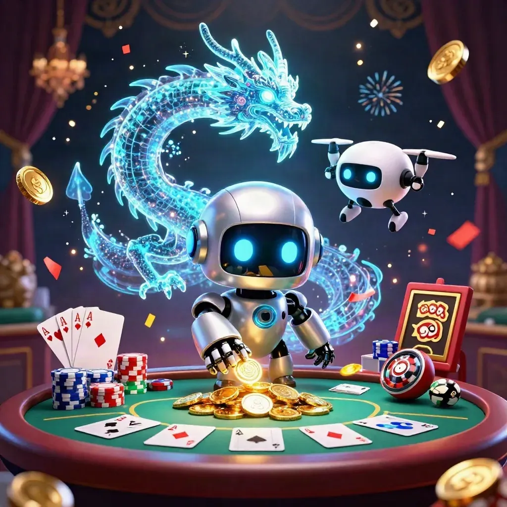 Robot mascot, holographic dragon and coin drone over casino chips with teal-blue neon glow.