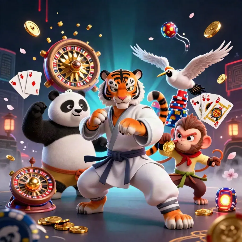 Kung-fu tiger, panda, and monkey amid gold coins, roulette, cards, chips, and neon casino lights