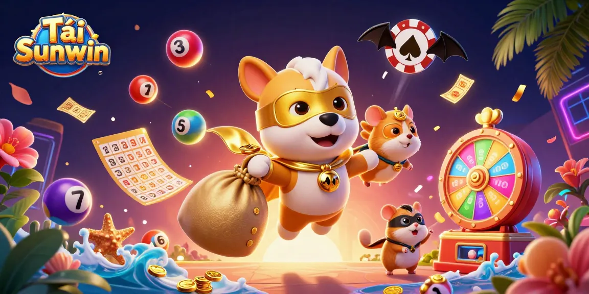 Tải Sunwin offers exciting gameplay with colorful lottery balls and casino elements swirling around a flying superhero dog.