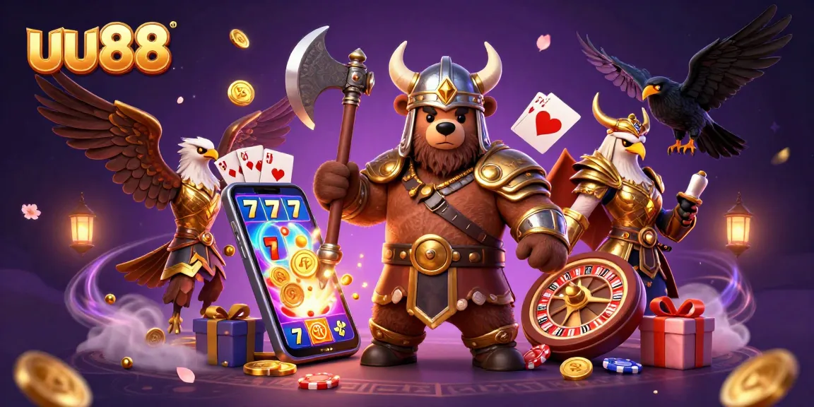 Engage in thrilling games at uu88 with a Viking bear and Valkyrie surrounded by colorful slot elements.