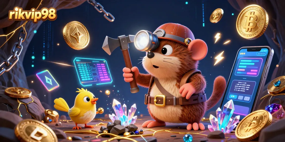 Experience the thrill of rikvip98 with our vibrant 3D treasure hunter scene filled with crypto elements.