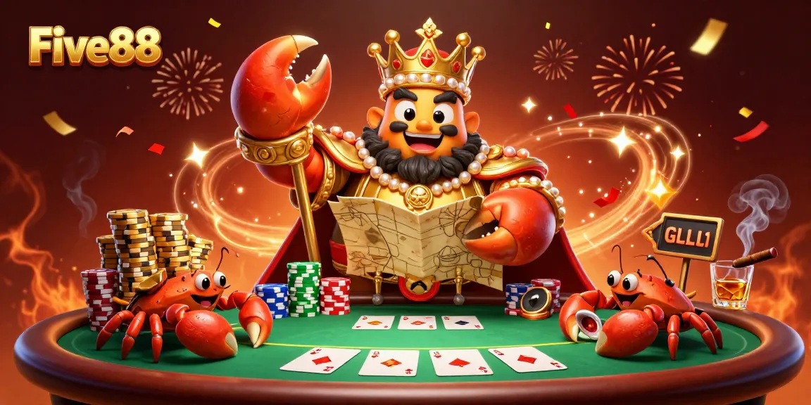 Play Five88 at a vibrant casino scene featuring a crab emperor and golden chips