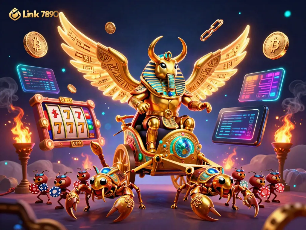 Experience the thrill of Link 789Club with vibrant slot reels and a golden scarab chariot in action.