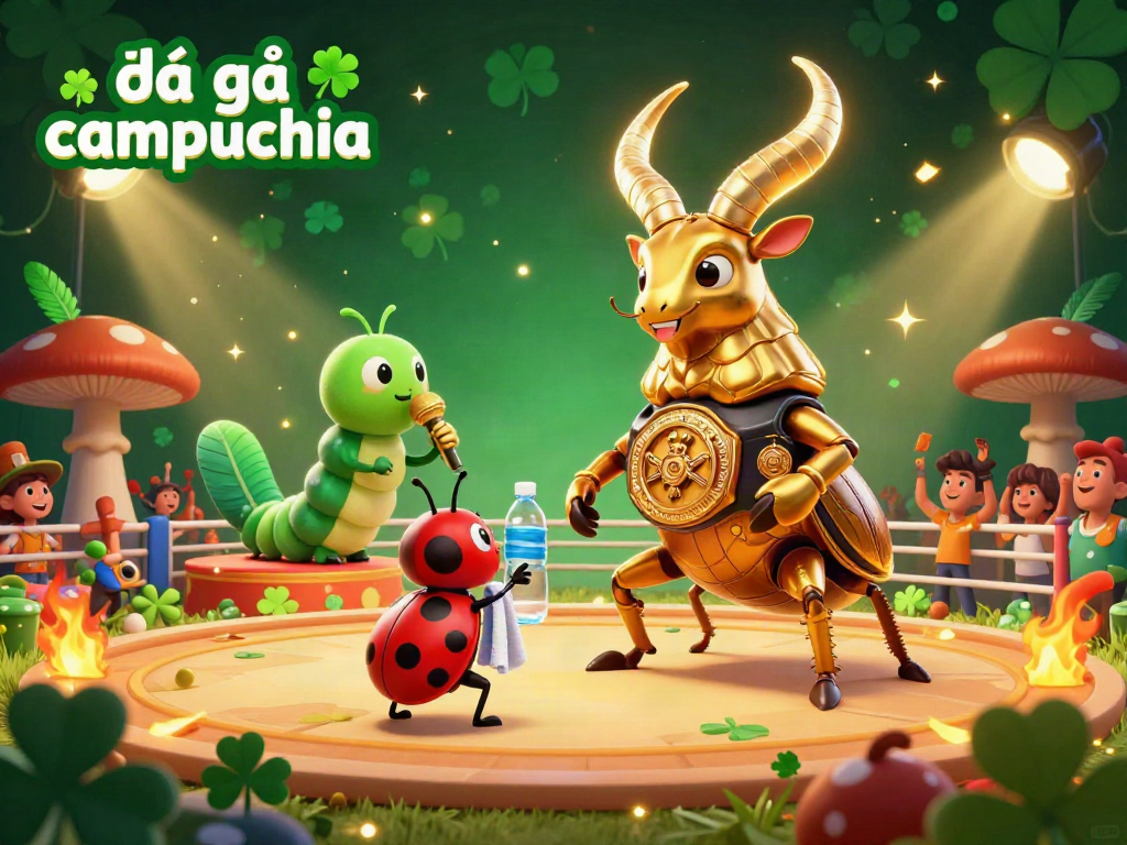 Exciting intense cockfighting scene featuring a golden stag beetle in a boxing belt, champion ring announcer, and cheering fans, representing đá gà campuchia action.
