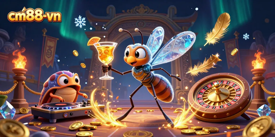 Experience fun with cm88-vn's vibrant casino scene featuring animated fossil mascots and gold elements.
