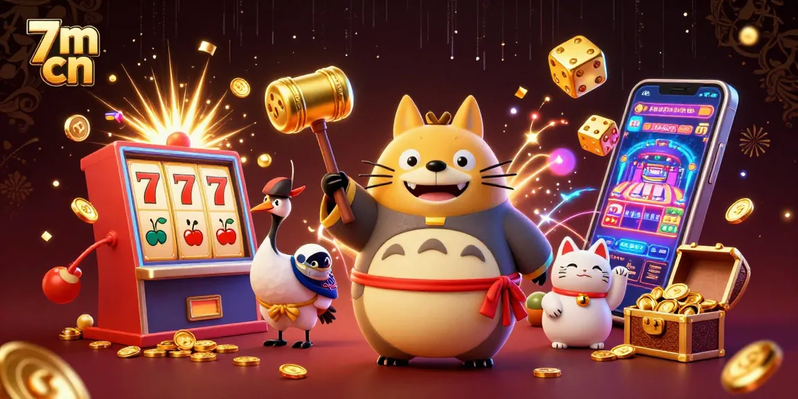 Experience the thrill of 7m cn with a cheerful tanuki and a crane amid vibrant casino elements and golden jackpots.