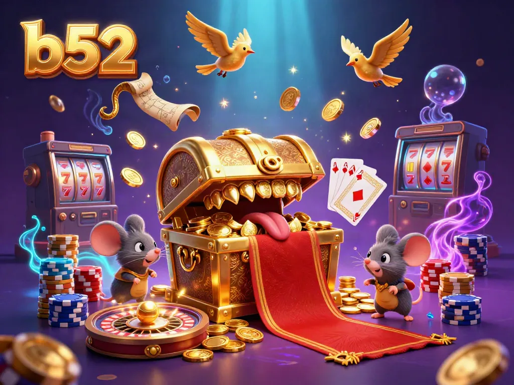 Experience elite gaming with b52, featuring a treasure chest and dynamic casino elements in vibrant 3D.
