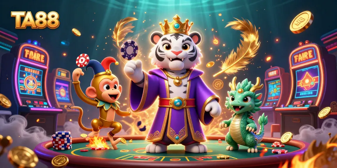 TA88 showcases a vibrant casino scene with a playful tiger, a jester monkey, and dynamic poker action.