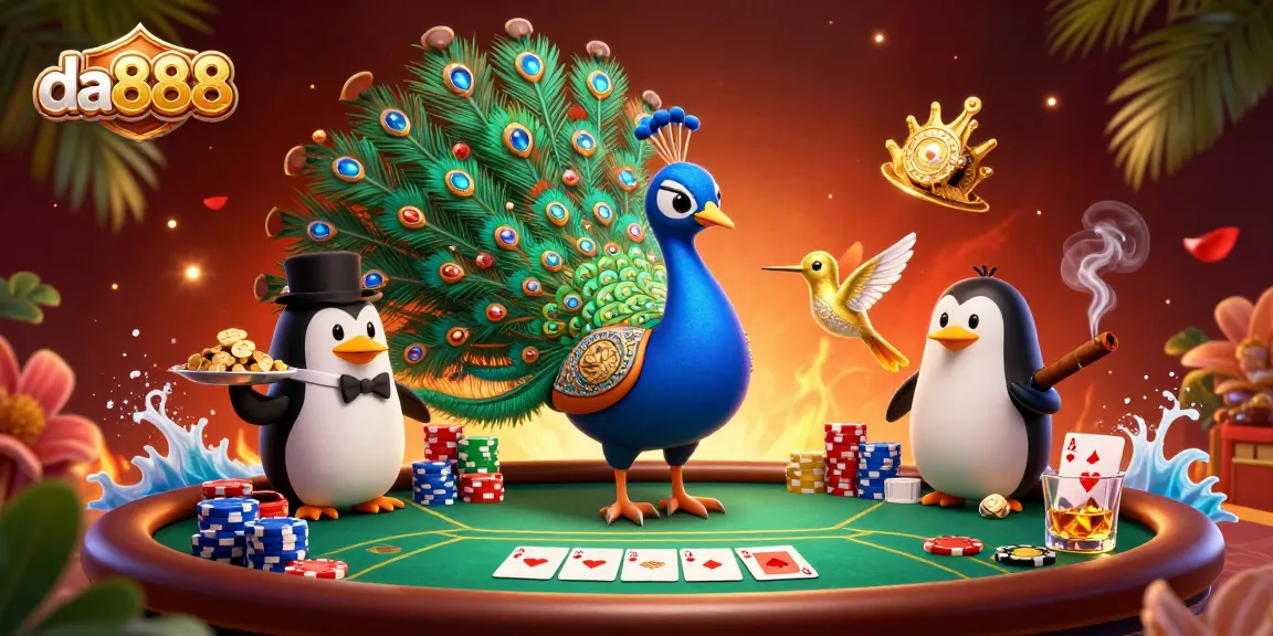 Play thrilling poker with da888; enjoy colorful characters and chips in a vibrant casino scene.