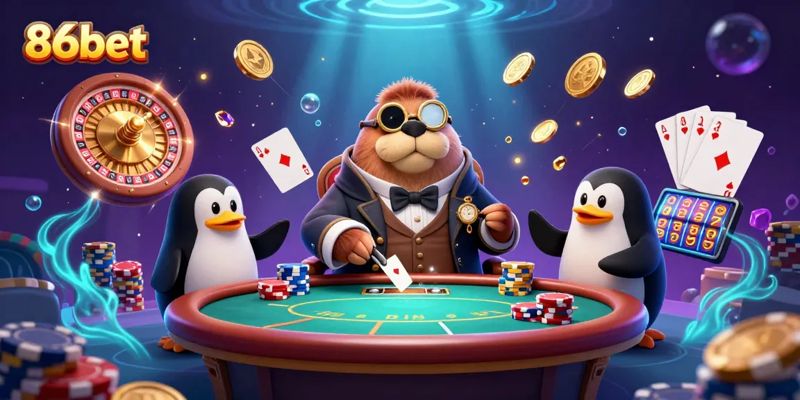 86bet players enjoy underwater poker with lively walrus, penguin dealer, and bluffing pufferfish.