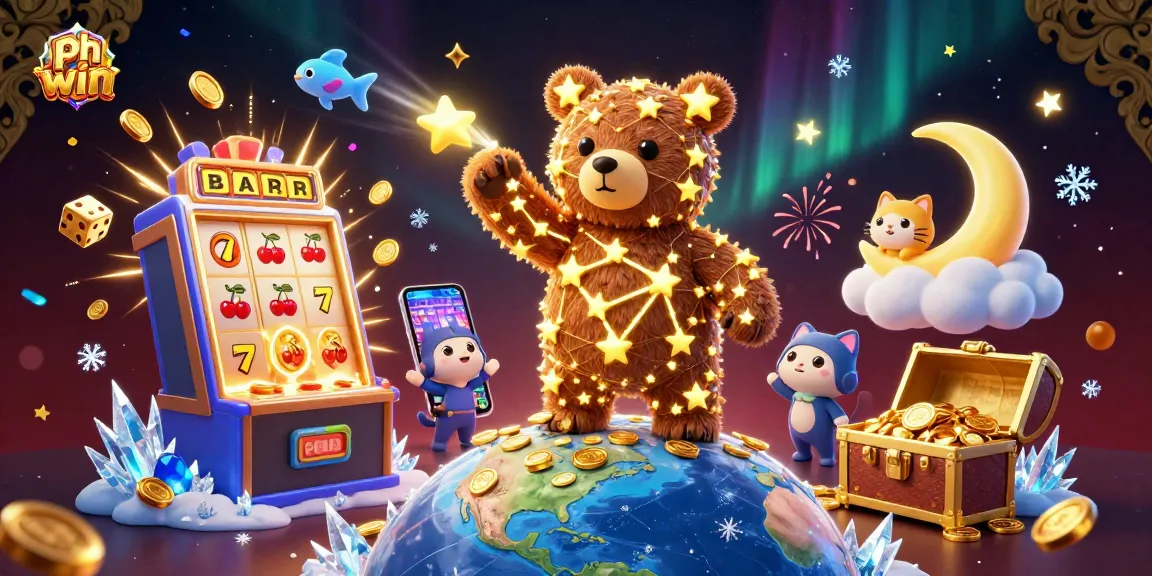 Spin and win with ph win, showcasing a dazzling 3D casino scene filled with vibrant gaming elements.