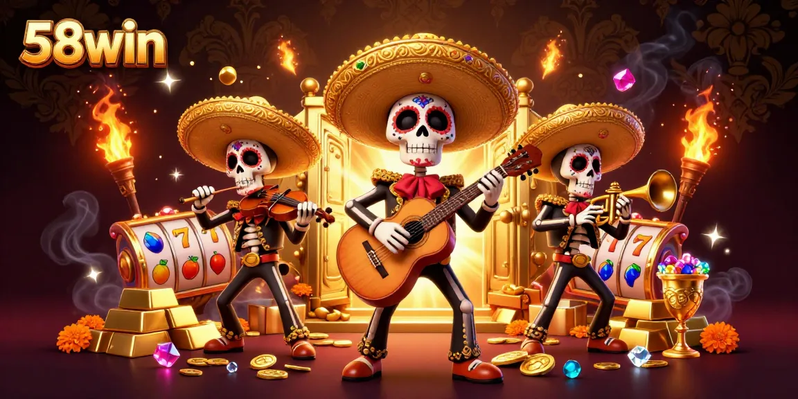 Experience thrilling gaming with 58win featuring a vibrant mariachi band amidst dazzling casino symbols.