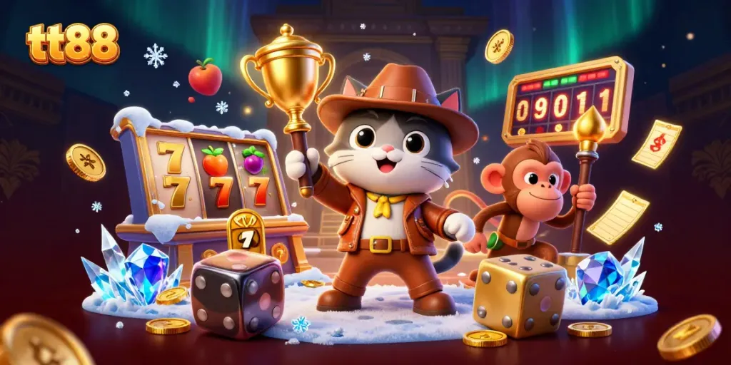 Engage with tt88's thrilling slots through a vibrant 3D illustration of an archaeologist cat discovering casino treasures.