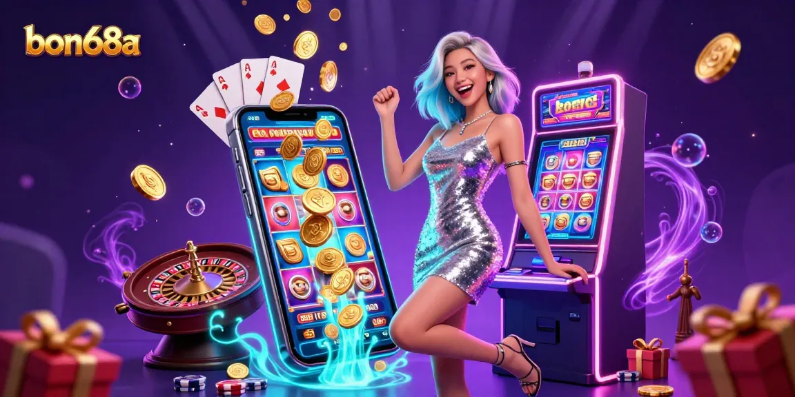 Celebrate jackpots and big wins at bon68a with vibrant casino elements and a stunning slot machine.
