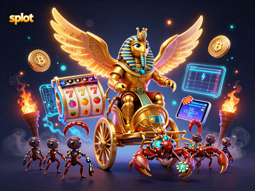 Engage with slot games featuring golden scarabs and crypto elements in a vibrant casino scene.