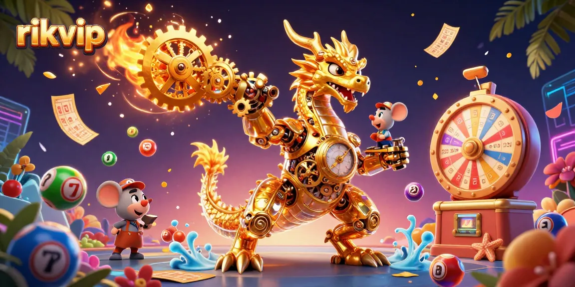 Engage with rikvip's exciting gaming experience featuring dynamic lottery elements and a golden dragon illustration.