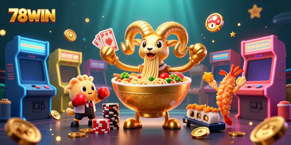 Engage with 78WIN's vibrant 3D illustration featuring dynamic casino characters, cards, and arcade elements.