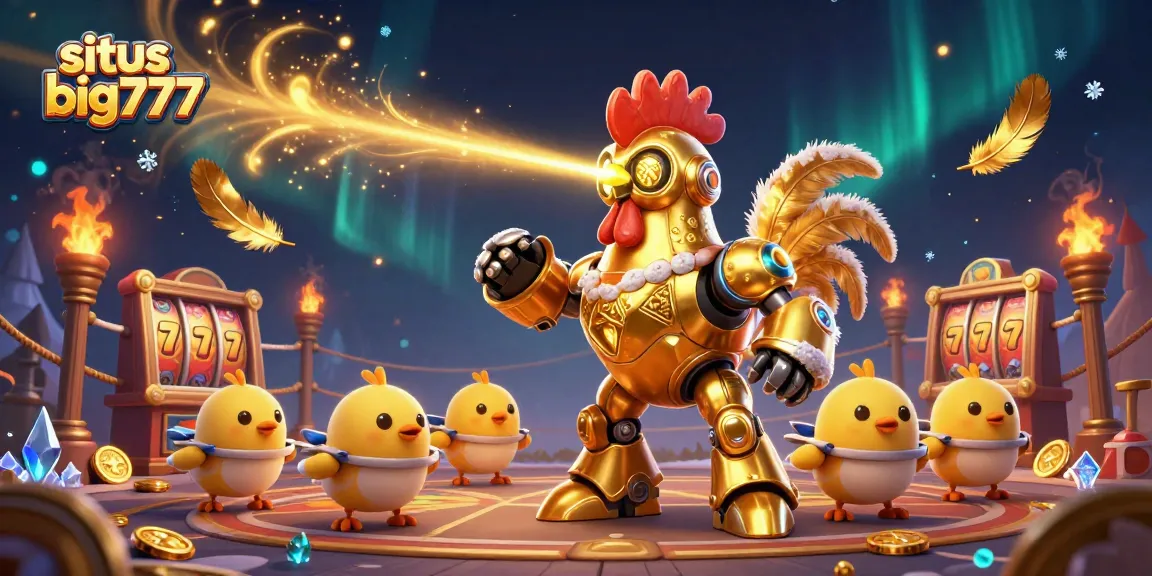 Play exciting games at situs big777 with a golden rooster robot leading the adventure.