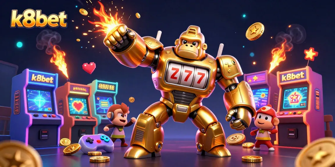 Experience the excitement of k8bet with a dynamic 3D golden gorilla mech, showcasing thrilling casino elements.