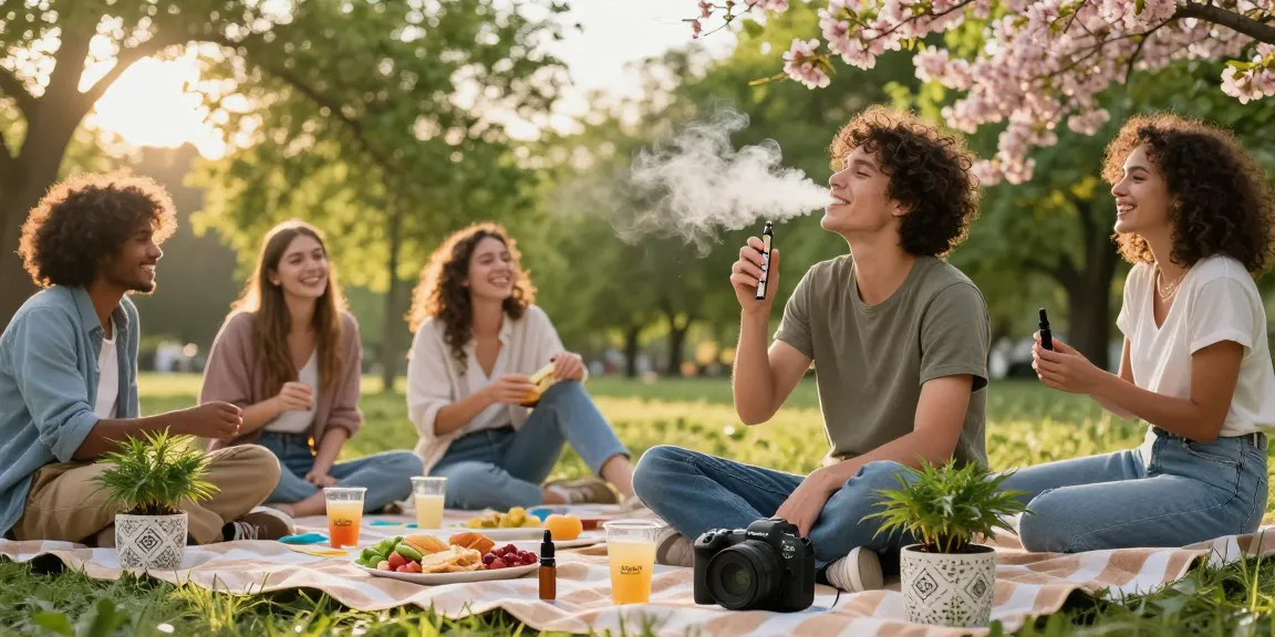 Enjoying strong THC vapes UK in a lively park setting with friends, surrounded by natural wellness elements.
