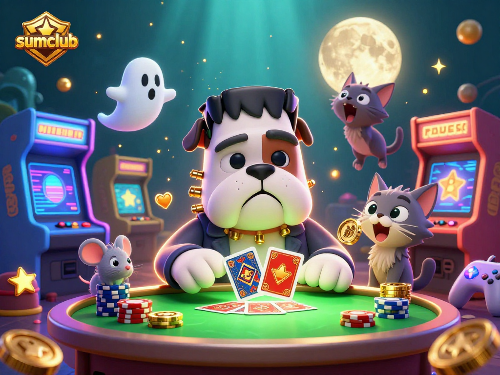 Engage in thrilling card games at sumclub with a whimsical 3D gaming scene showcasing excitement and fun.