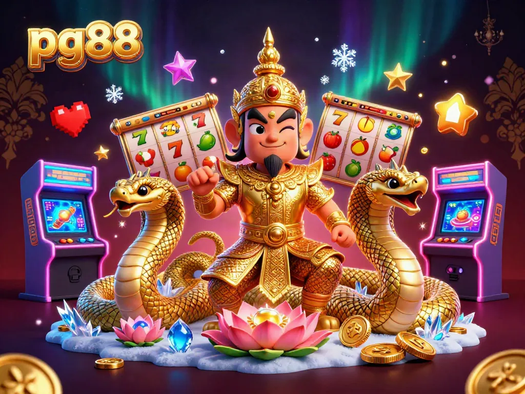 Experience the excitement of pg88 with vibrant slot reels, a friendly guardian, and dynamic gaming elements.