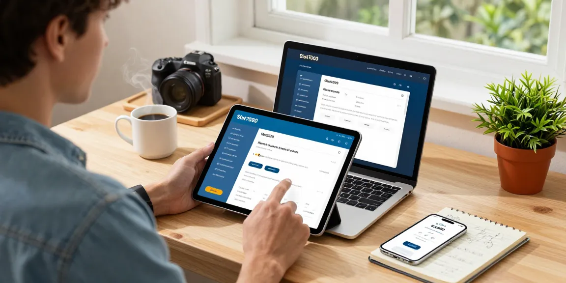 User engaging with Slot7000 app on tablet at home office, demonstrating easy access and modern digital experience.