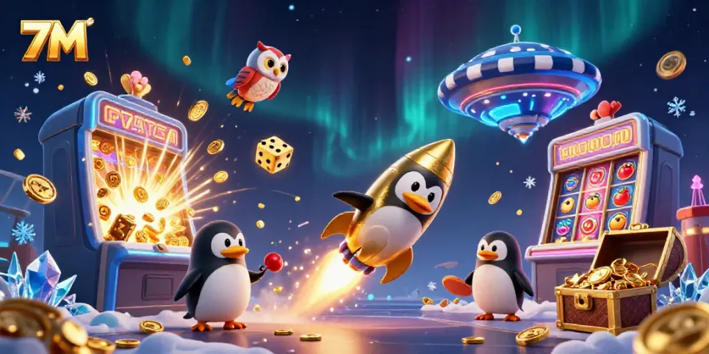 Experience the thrilling space adventure of 7M as the golden penguin races towards a dazzling casino!