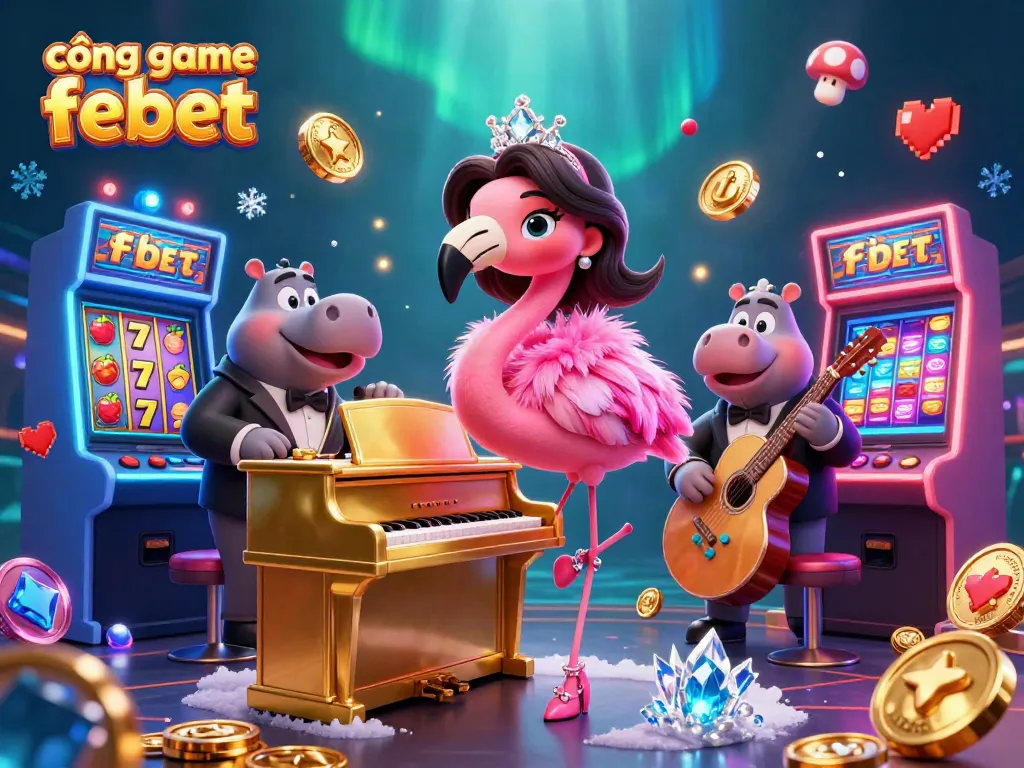 Join the fun at cổng game febet with vibrant slot machines and lively characters in a dynamic 3D illustration.