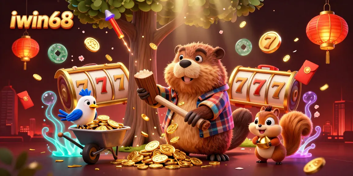Experience the thrill of iwin68 with a vibrant scene of a beaver, bird, and squirrel celebrating a jackpot.