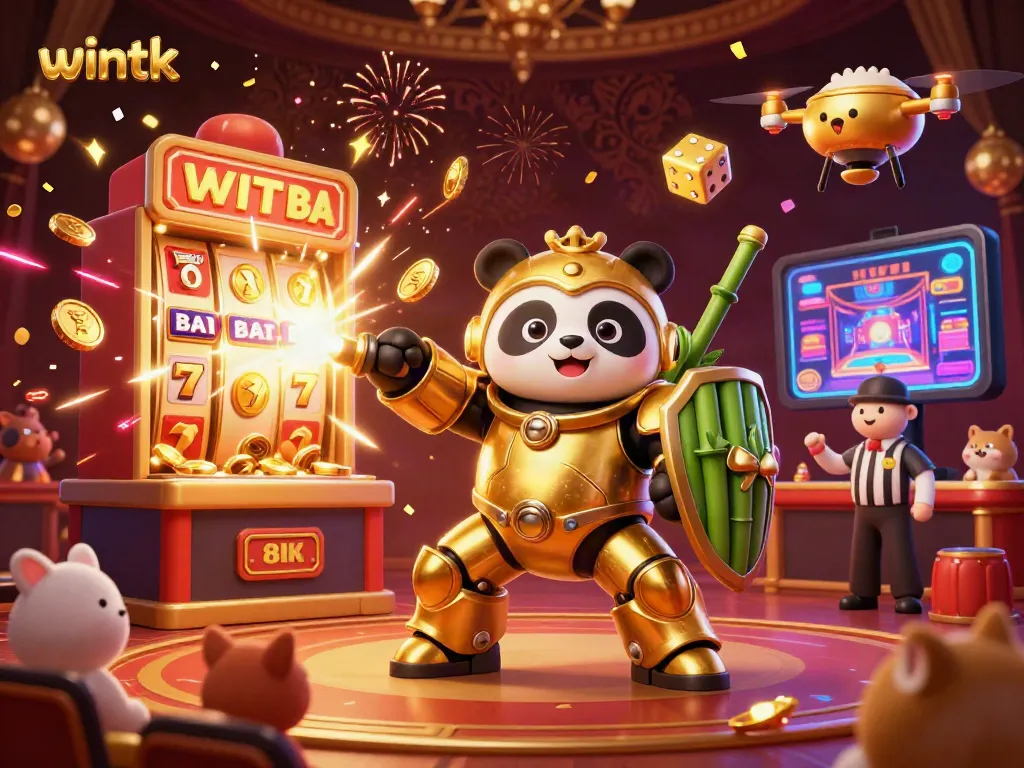wintk showcases an exciting casino scene with a golden panda mech and dynamic game elements bursting with action.