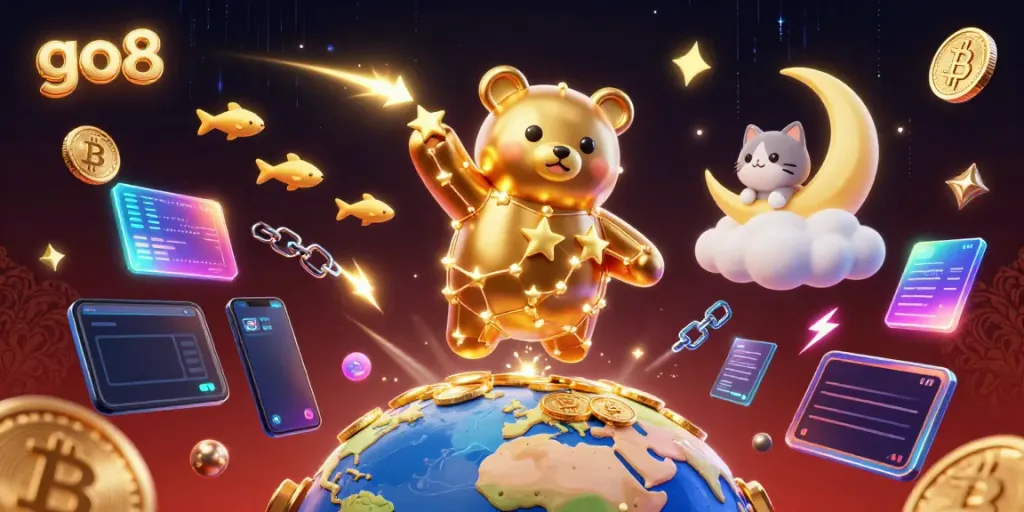 Engage with go8's vibrant 3D casino scene featuring a constellation bear amidst glowing crypto coins.