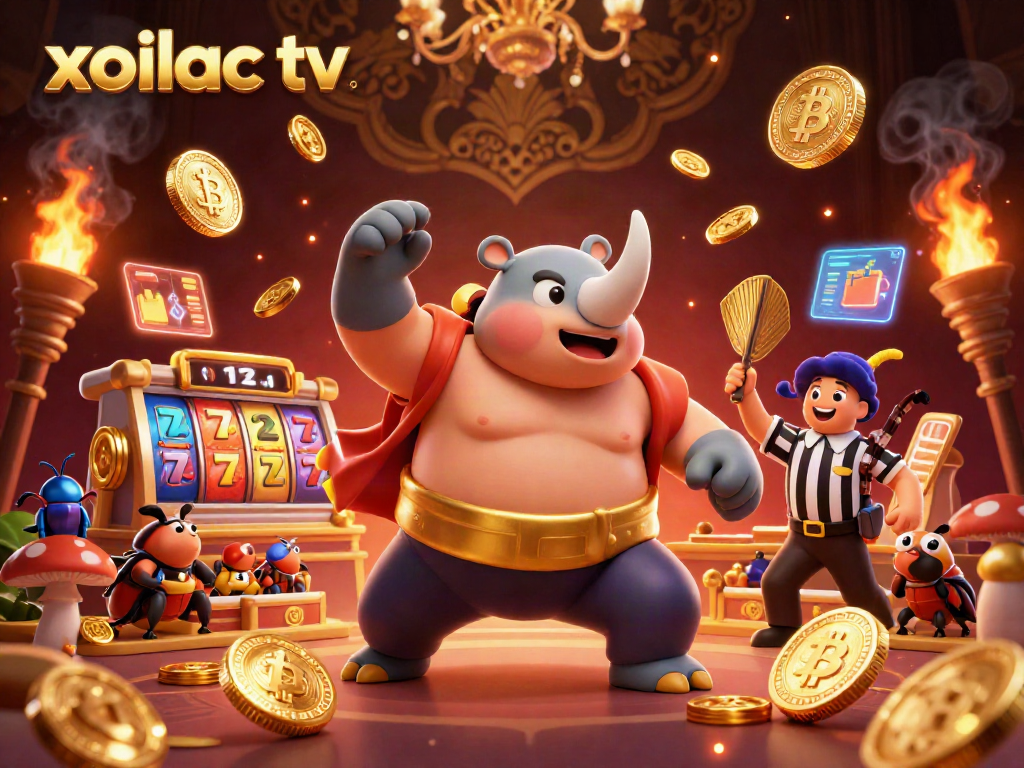 Xoilac TV showcases a lively sumo match featuring a rhinoceros beetle summoning a flurry of golden coins amidst a vibrant gambling scene.