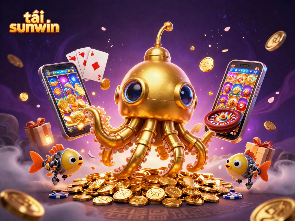 Spin and win with tải sunwin as mechanical fish and a golden kraken submarine emerge from a sea of coins.