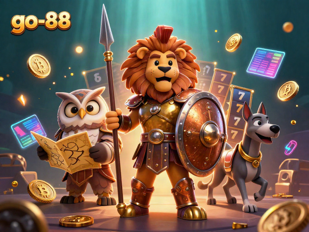 Join the adventure at go-88 with an epic 3D scene showcasing slot themes and heroic characters.