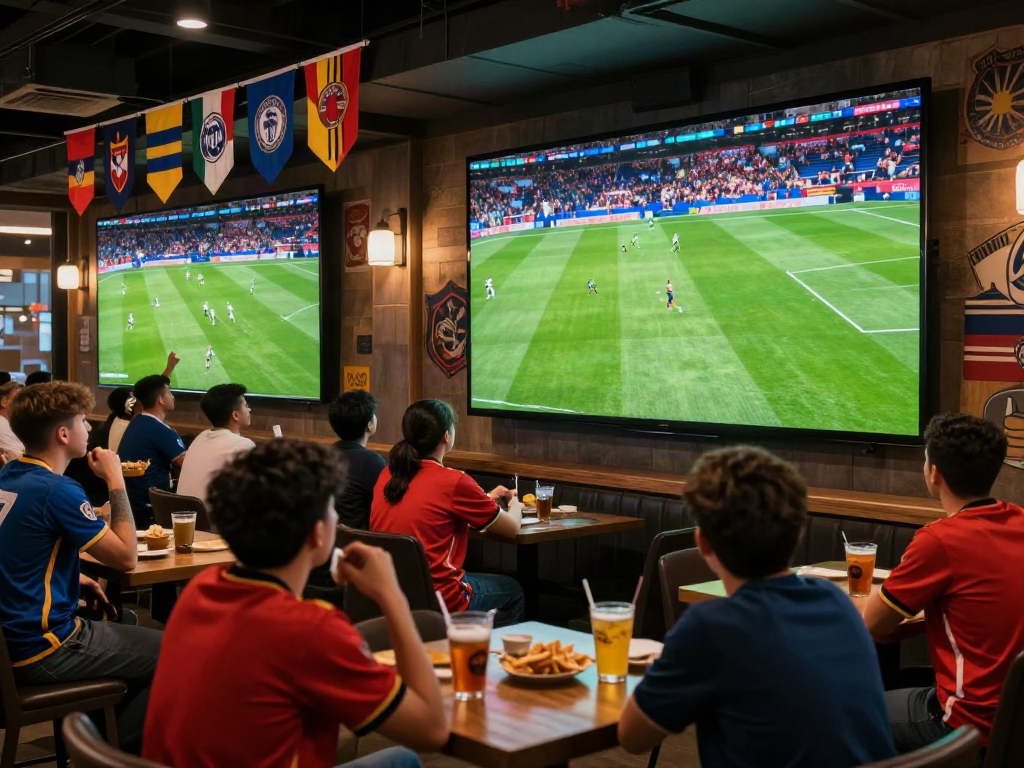 Exciting football viewing experience at Xoilactv with vibrant fans and HD screens.