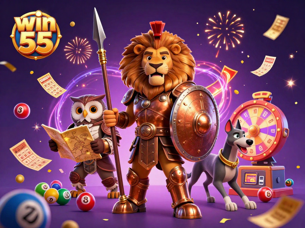 Engage with win 55 through dynamic lottery-themed elements and heroic characters in a vibrant 3D illustration.