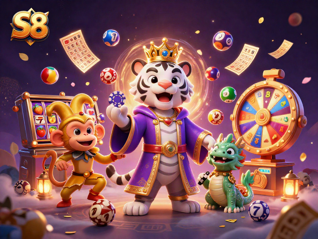 Engage with S8-inspired entertainment in this vibrant casino illustration with action-packed characters.