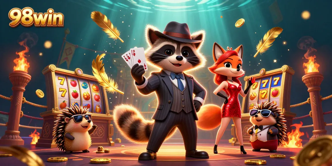 A raccoon holding a royal flush hand at 98win alongside a fox and a hedgehog bouncer in a vibrant casino scene.