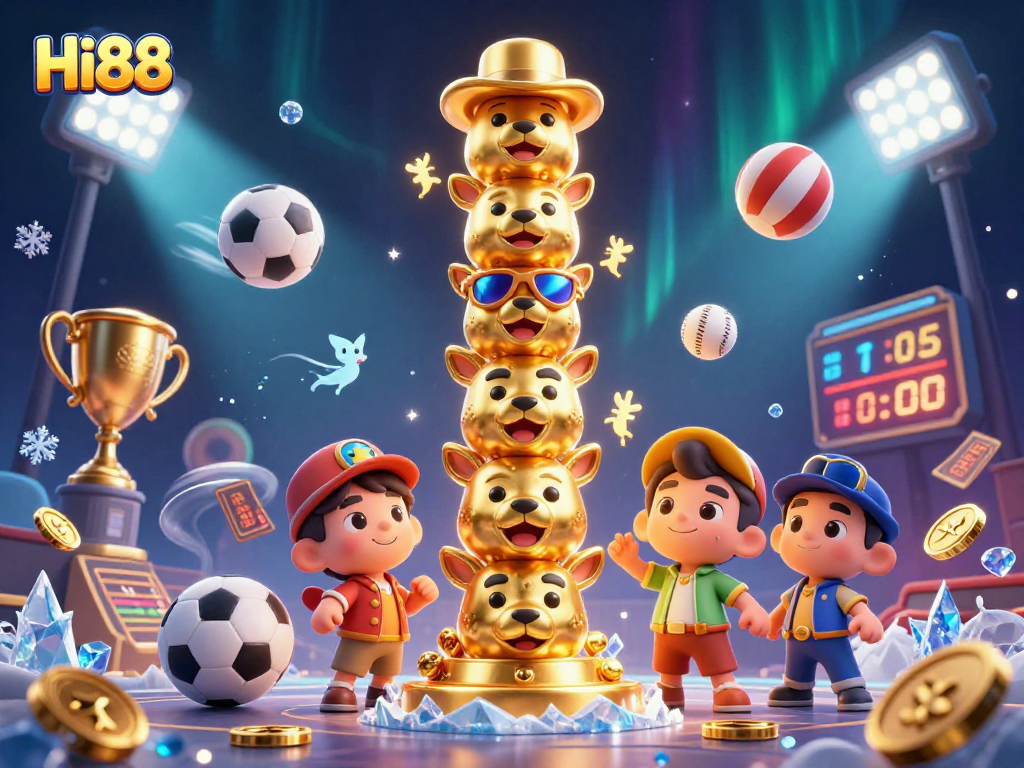 Bet on Hi88 with an exciting 3D illustration showcasing dynamic sports elements and a vibrant casino theme.